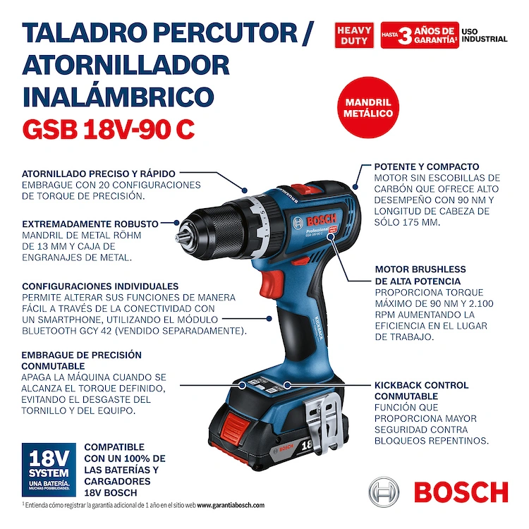 Taladro Percutor Inalámbrico 13mm 18V Brushless Bosch GSB18V-90C SB