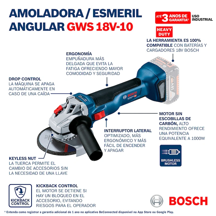 Amoladora 18V Bosch GWS 18V-10 P Biturbo 125 mm con PROtection en Siglo21 detalles