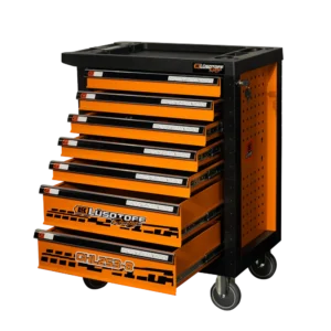 Alt text: Carro gabinete herramientas 253 piezas Lusqtoff GHL253-8 Racing con 7 bandejas, ruedas con freno y cierre con llave