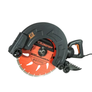 Herramienta eléctrica para corte en concreto, obra y mantenimiento. Potencia 3200 W, cuchilla de 400 mm, 3500 RPM y ruedas guía.